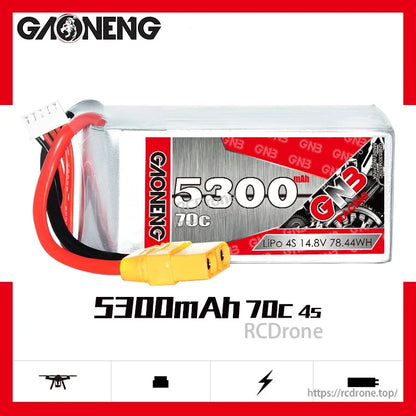 GNB53004S70C 4S 14.8V 5300mAh 70C LiPo battery product graphic with specs text and icons