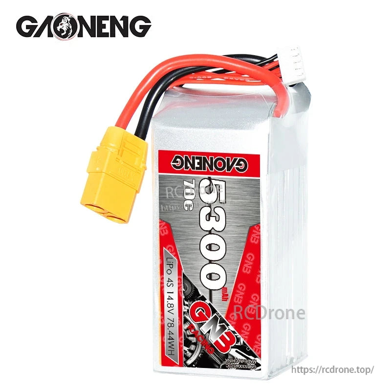 Upright front view of GAONENG 5300mAh 70C LiPo battery showing label and XT90 lead