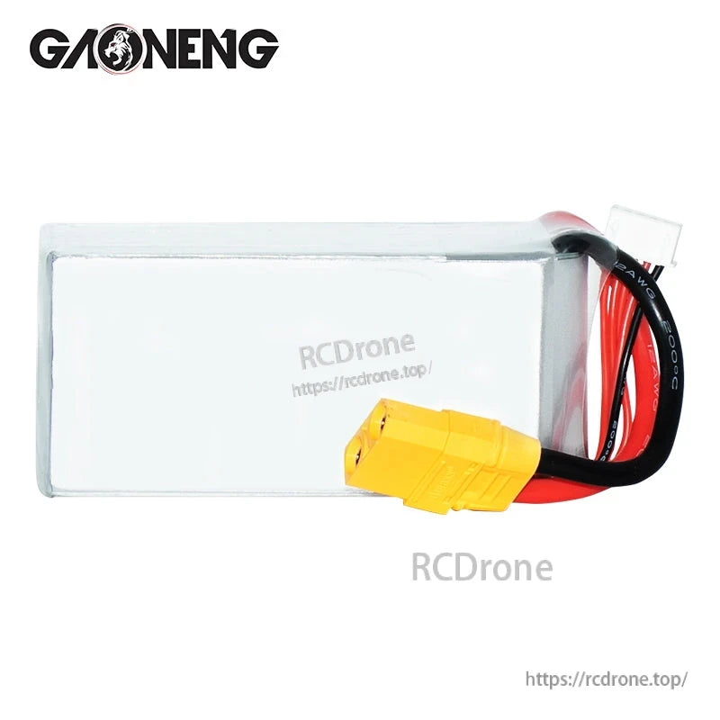 Rear plain-side view of the LiPo pack showing silver wrap, wiring exit, and yellow XT90 connector