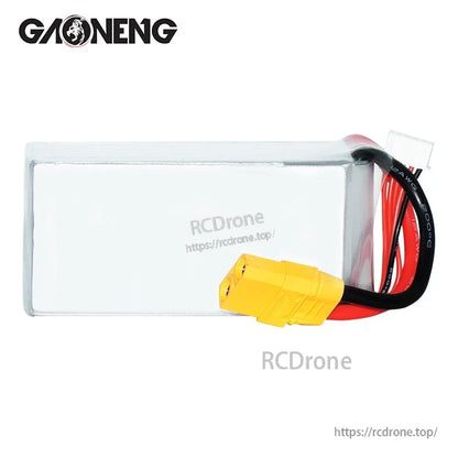 Rear plain-side view of the LiPo pack showing silver wrap, wiring exit, and yellow XT90 connector