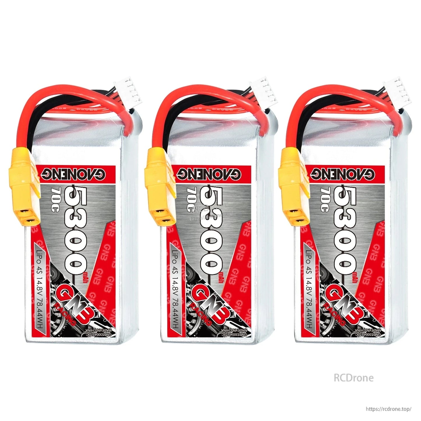 Three-pack layout of GAONENG 5300mAh 70C LiPo batteries with XT90 connectors, front labels shown