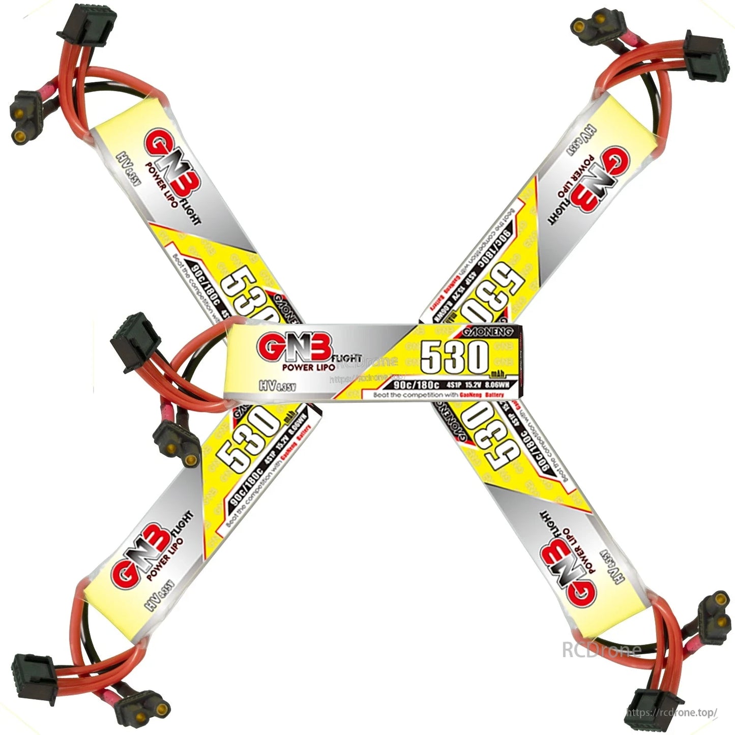 GNB 530mAh long LiHV batteries arranged in X pattern, showing connectors at ends and label sides