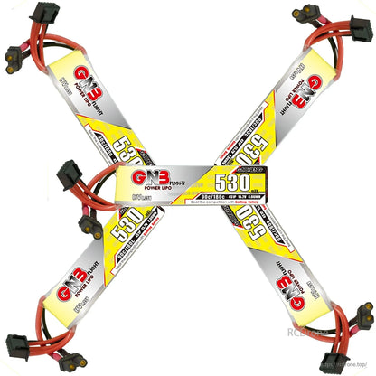 GNB 530mAh long LiHV batteries arranged in X pattern, showing connectors at ends and label sides