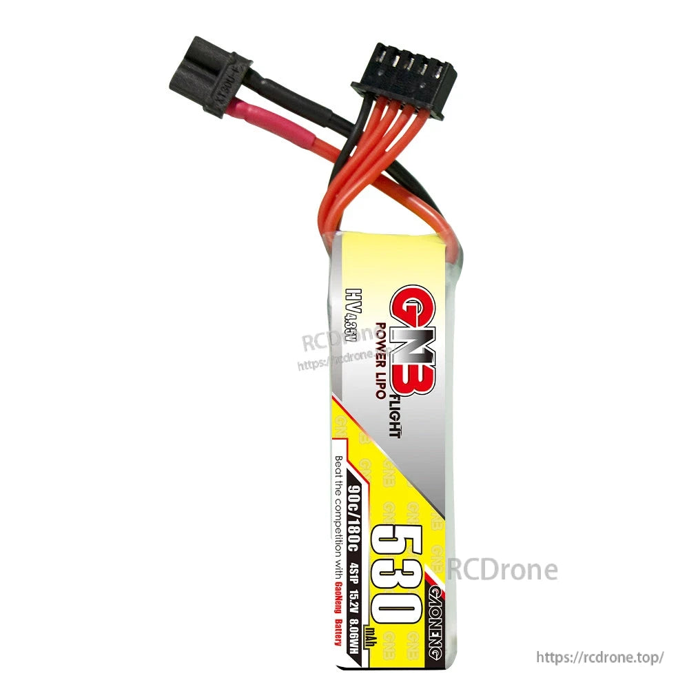 Side profile of GNB long 4S LiHV 530mAh battery showing label and top-exit balance/power leads