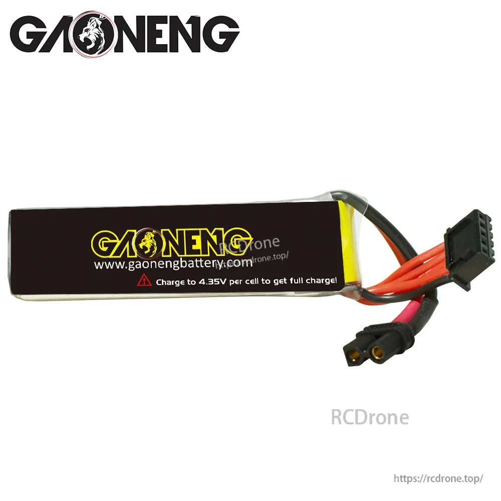 Rear label close-up showing GAONENG branding and charge note: 4.35V per cell for full charge