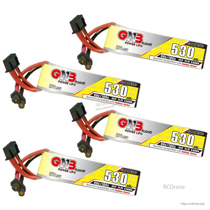 Four GNB 530mAh 4S LiHV long batteries arranged as a set, showing connector leads and front labels