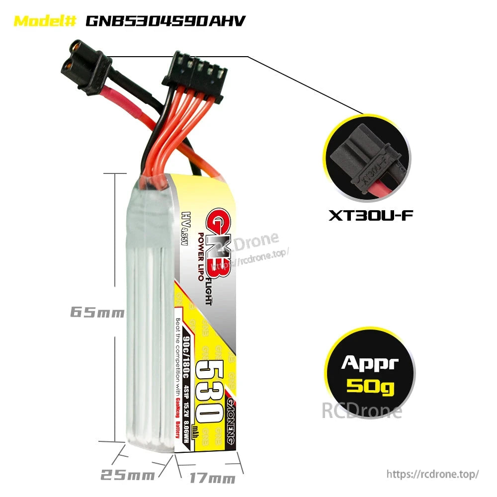 GNB5304S90AHV dimensions and connector detail: 65mm length, 25mm height, 17mm width, XT30U-F, approx 50g