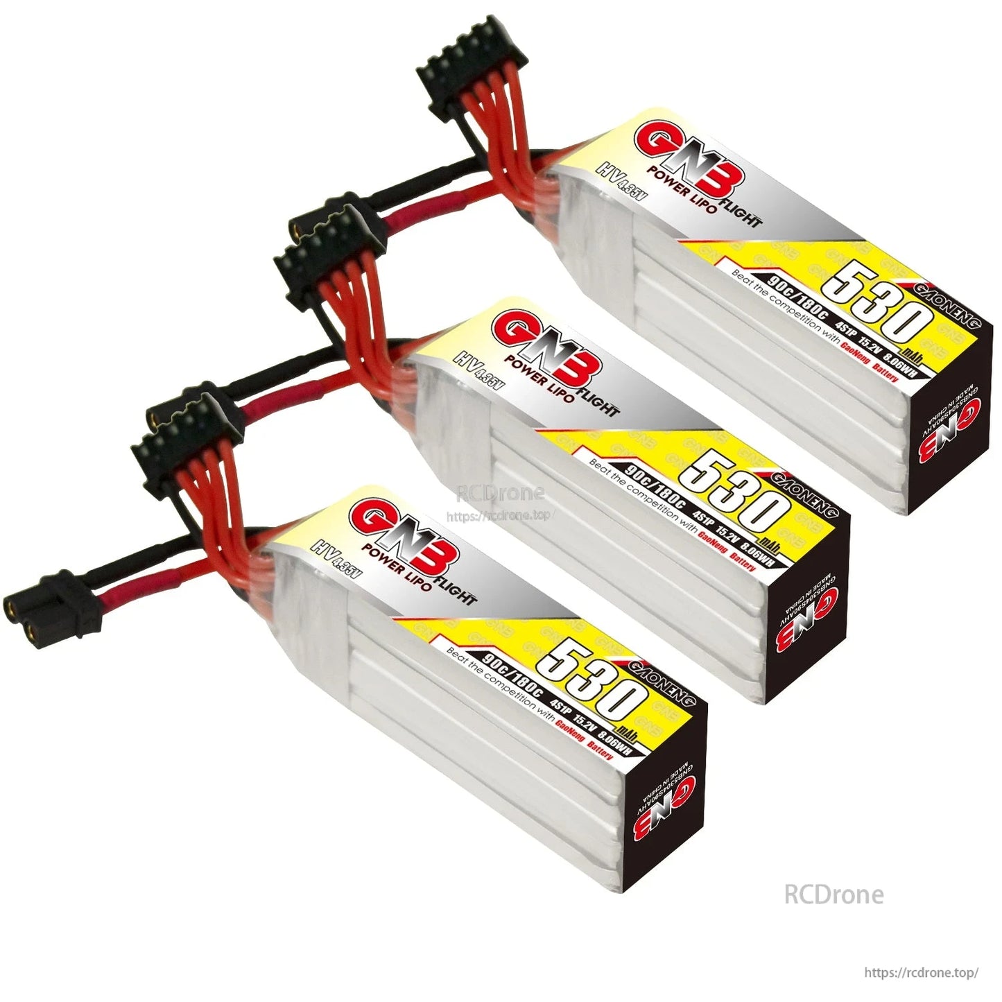 Three GAONENG GNB 530mAh long LiHV batteries shown together with XT30 leads and balance plugs