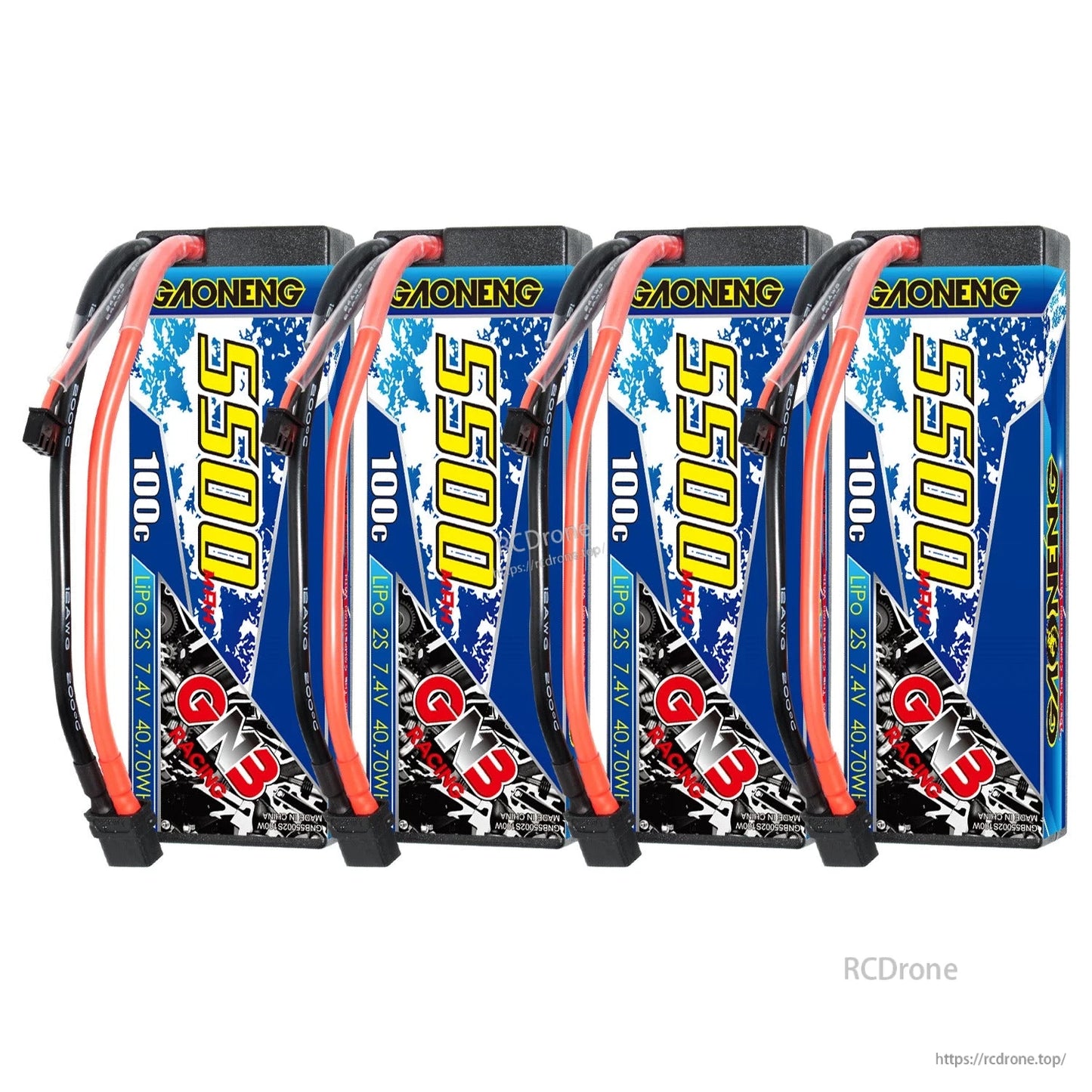 Four GAONENG GNB 5500mAh 100C hard case LiPo batteries shown upright in a row