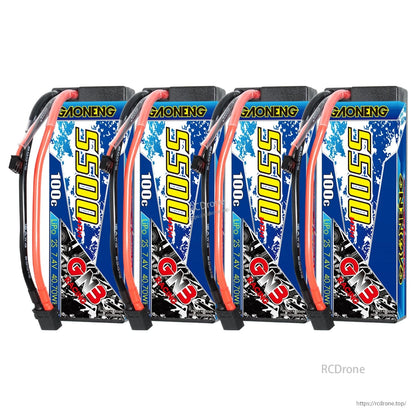 Four GAONENG GNB 5500mAh 100C hard case LiPo batteries shown upright in a row