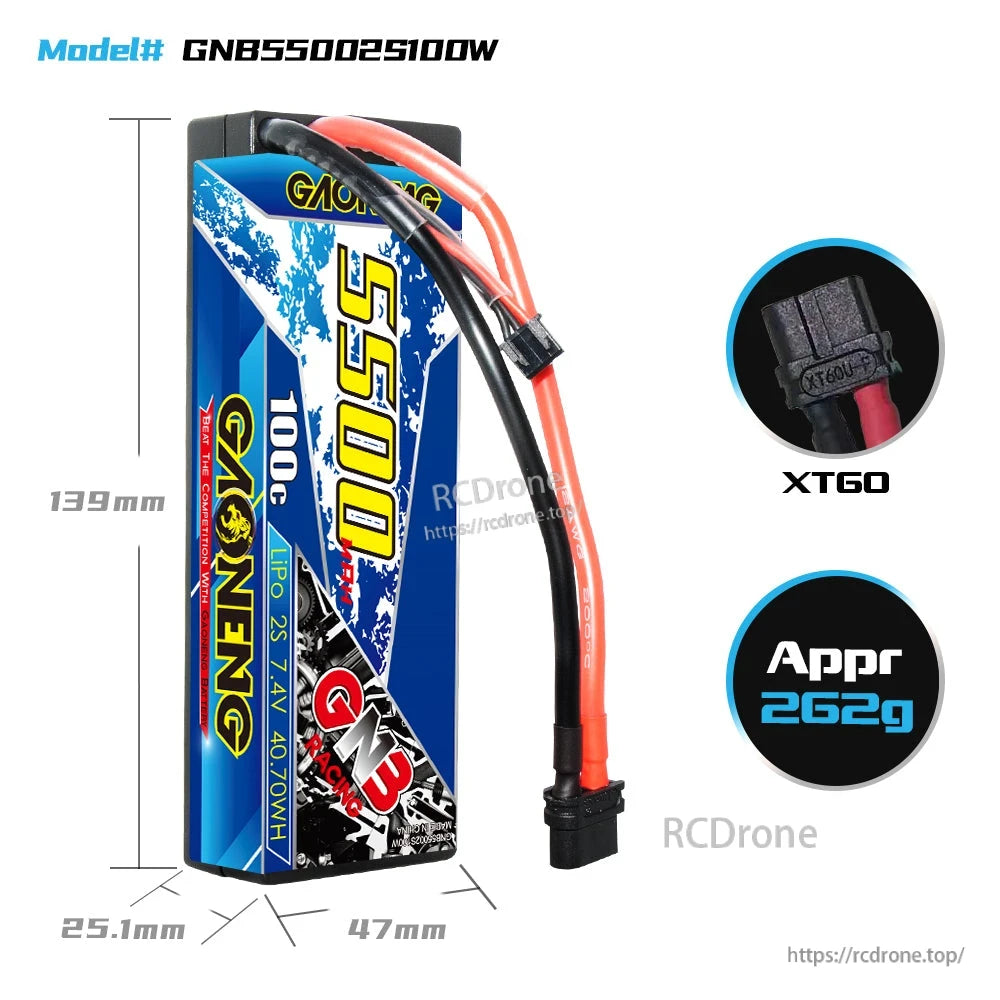 Battery dimensions 139 x 47 x 25.1mm with XT60 connector close-up and approx 262g weight