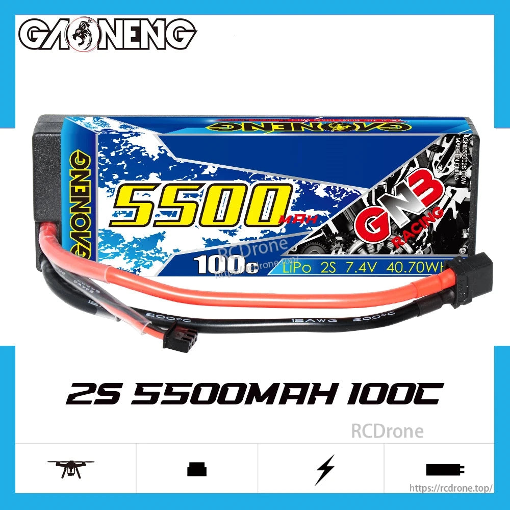 GNB Racing 2S 5500mAh 100C battery graphic showing pack with discharge and balance connectors