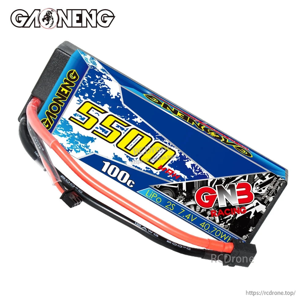Angled top view of GAONENG GNB Racing 5500mAh hard case LiPo showing label and wiring
