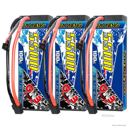 Three GNB Racing 5500mAh 100C hard case LiPo batteries shown upright side by side