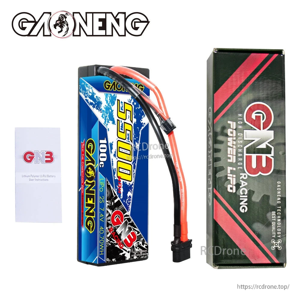 Package contents: GAONENG GNB 5500mAh hard case battery, retail box, and instruction leaflet