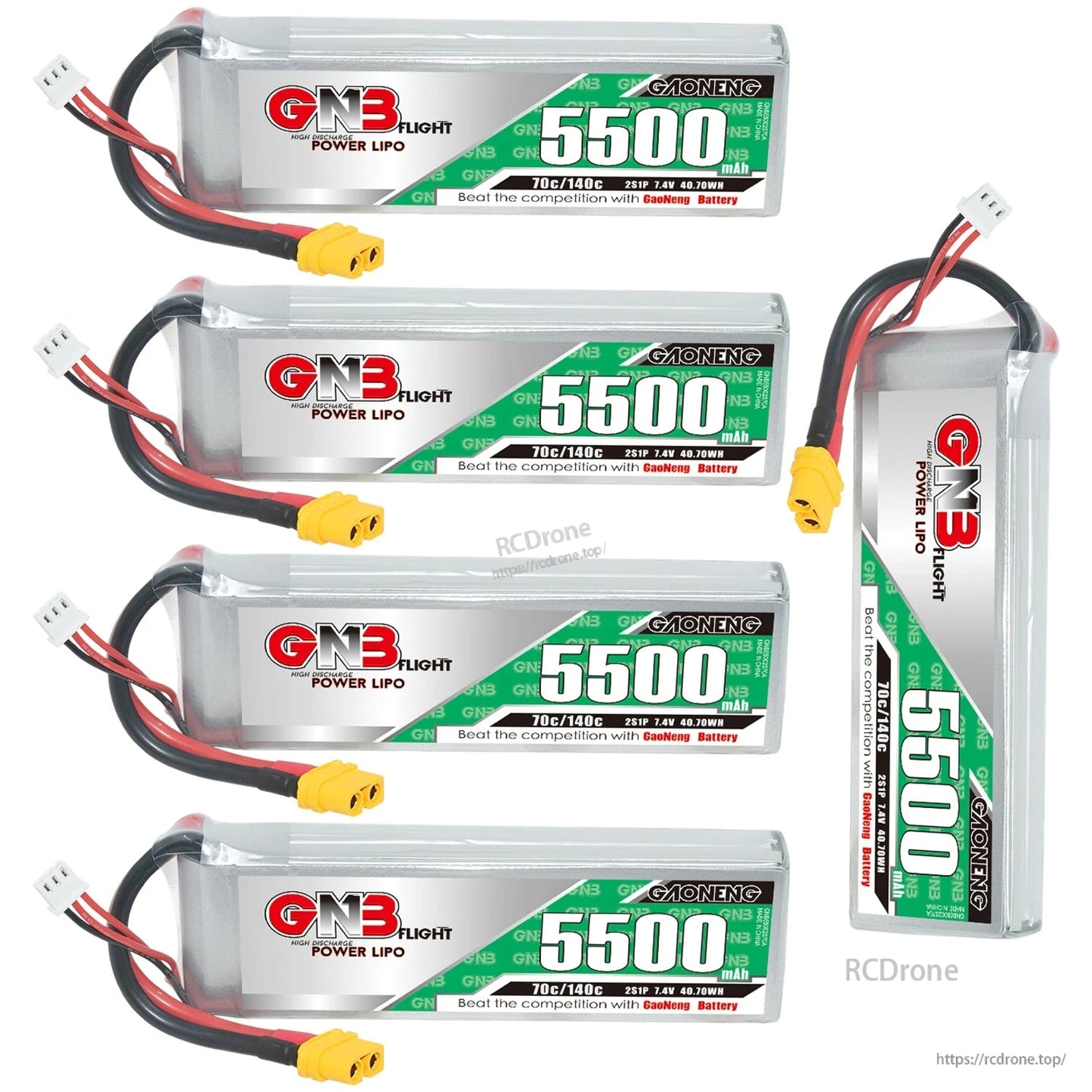 Four LiPo packs plus one upright battery shown together, highlighting label and leads
