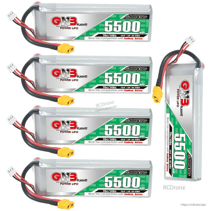 Four LiPo packs plus one upright battery shown together, highlighting label and leads