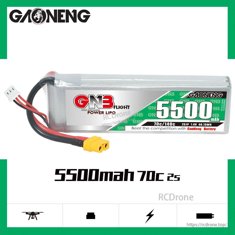 GAONENG GNB 5500mAh 70C 2S LiPo battery side profile with printed spec graphic