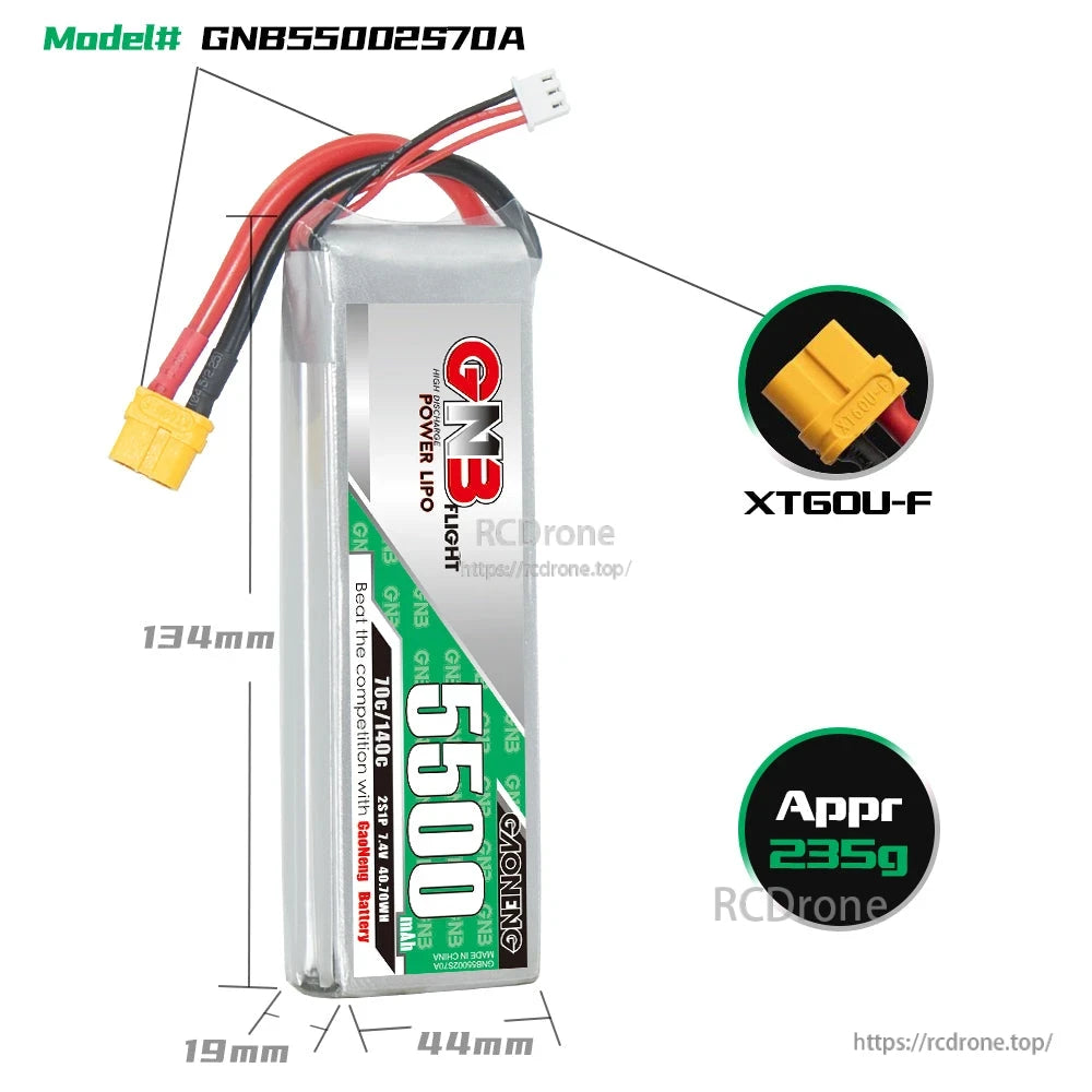 GNB55002S70A battery dimensions diagram with XT60U-F connector close-up