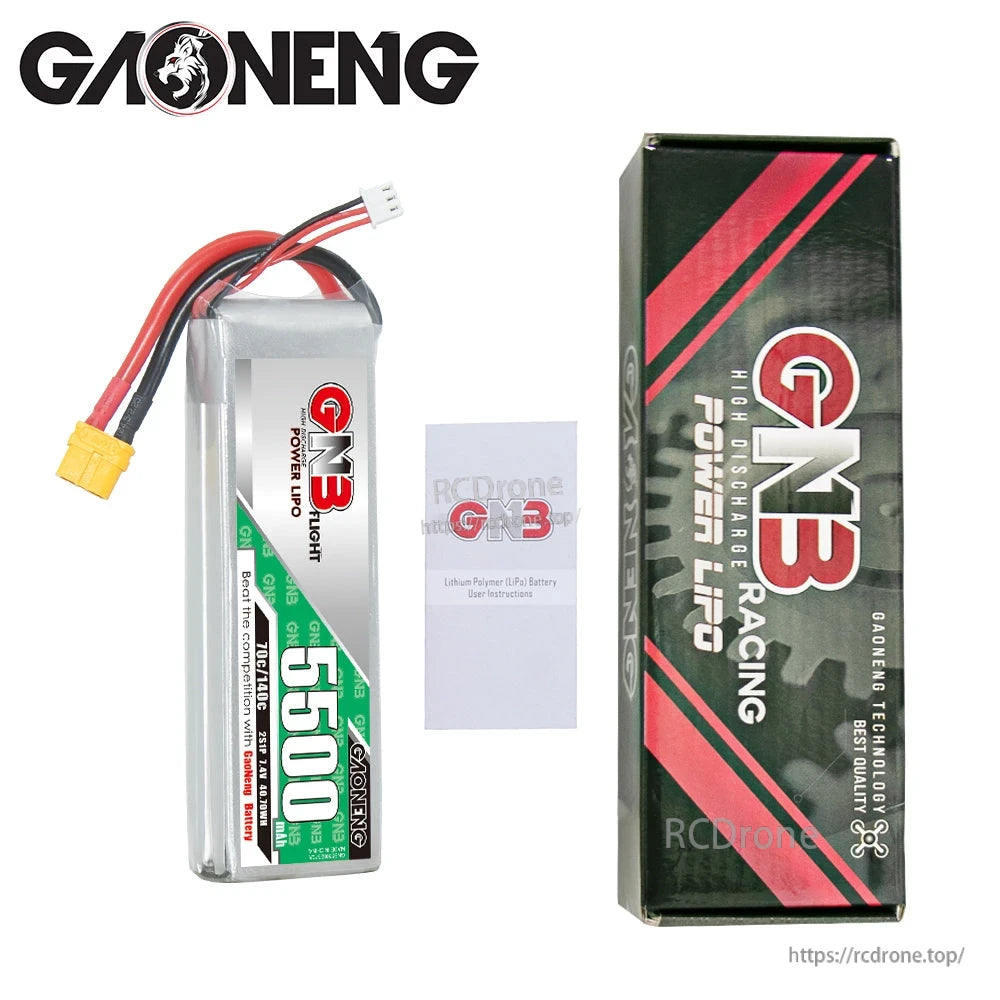 Package contents: GNB 5500mAh LiPo battery, retail box, and instruction leaflet