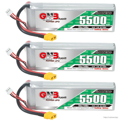 Three 5500mAh 2S LiPo batteries aligned horizontally with XT60 connectors visible
