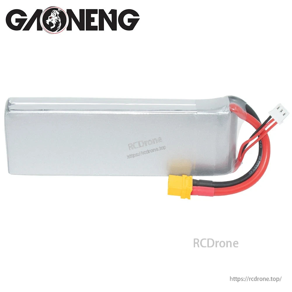 Back side of LiPo battery pack showing plain silver wrap and XT60 lead exit