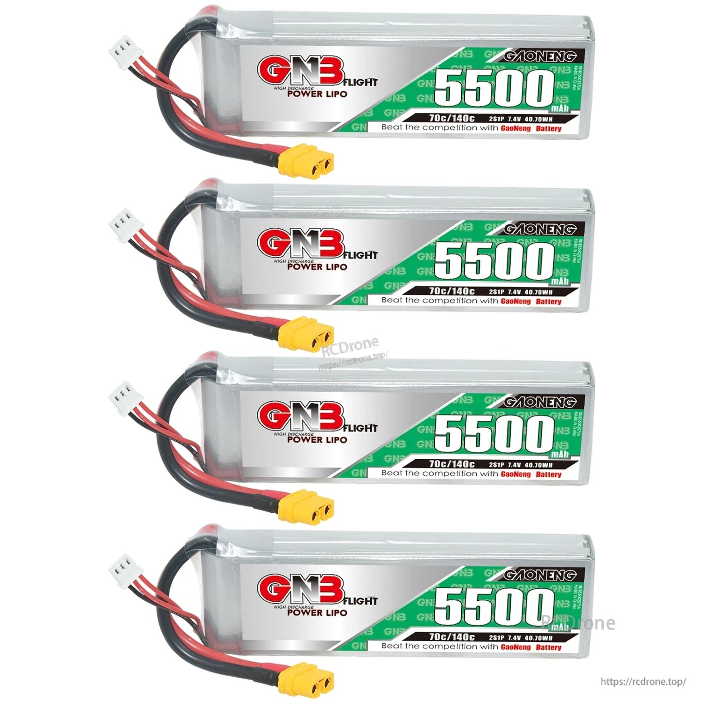 Four 5500mAh LiPo packs stacked in a column, each with XT60 plug and balance lead