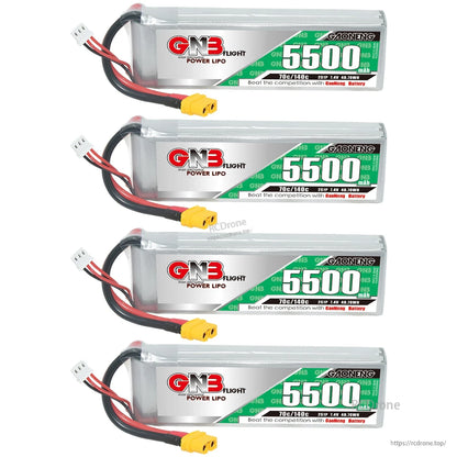 Four 5500mAh LiPo packs stacked in a column, each with XT60 plug and balance lead