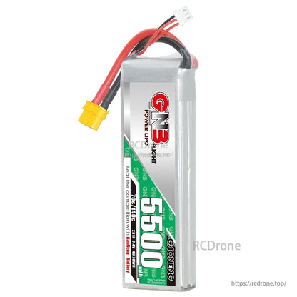 Vertical view of GNB 5500mAh LiPo pack showing label side and attached leads