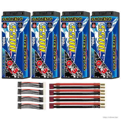 Four-pack GAONENG GNB 5500 100C batteries with Deans-style T plug leads and balance cables