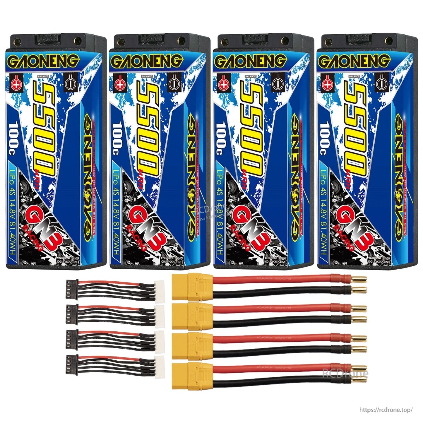 Four-pack set: GAONENG GNB 5500 100C batteries with XT90 leads and four 4S balance cables
