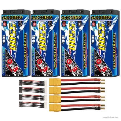 Four-pack set: GAONENG GNB 5500 100C batteries with XT90 leads and four 4S balance cables