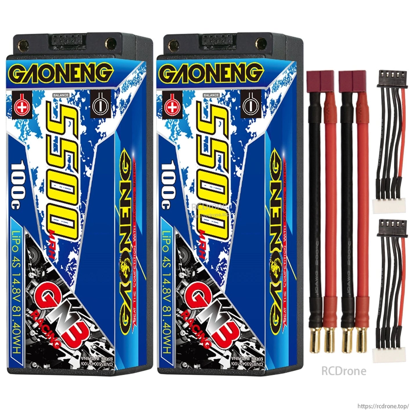 Two-pack GAONENG GNB 5500 100C batteries with Deans-style T plugs and 2 balance leads