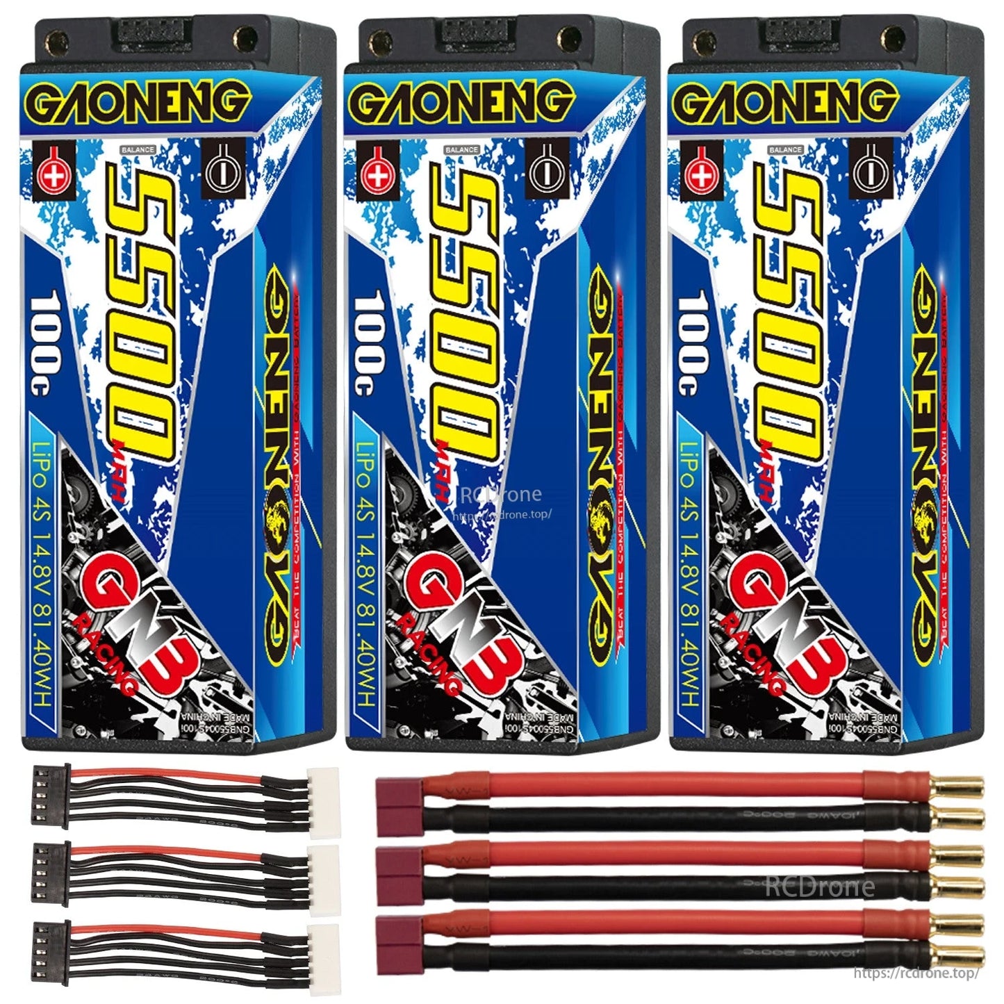 Three-pack GAONENG GNB 5500 100C batteries with Deans-style T plug leads and balance cables