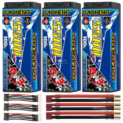 Three-pack GAONENG GNB 5500 100C batteries with Deans-style T plug leads and balance cables