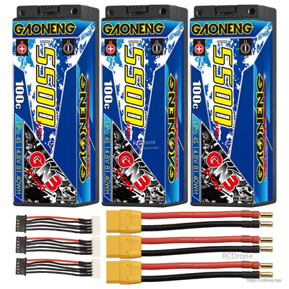 Three-pack set: GAONENG GNB 5500 100C batteries with XT90 leads and three 4S balance cables