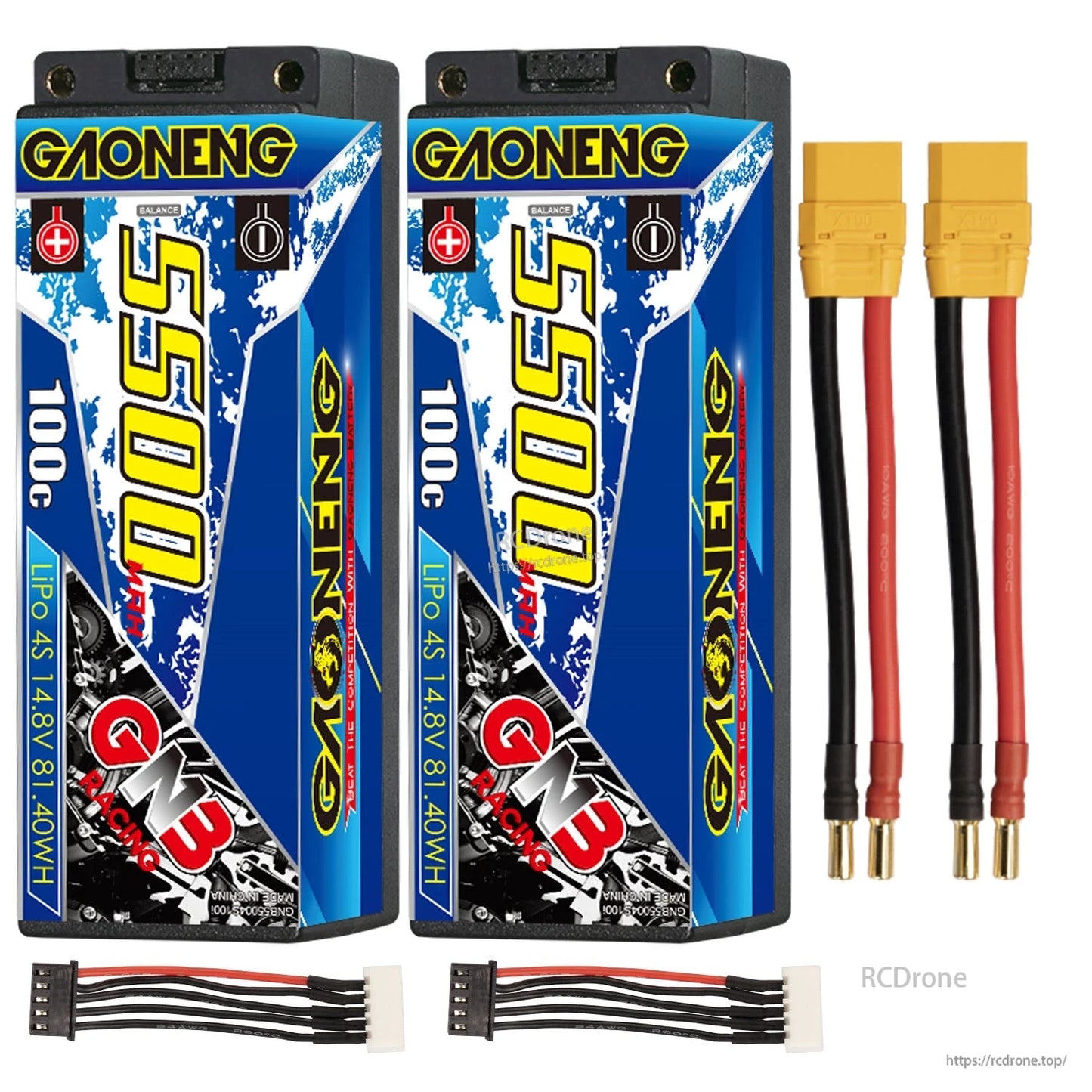 Two GAONENG GNB 5500 100C batteries set with XT90 plugs, 5.0mm bullets, and 2 balance leads