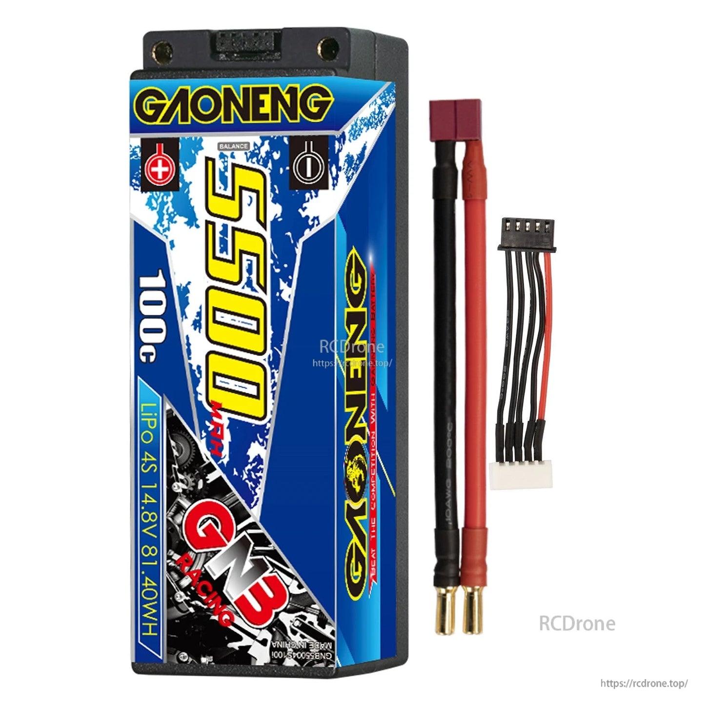 GAONENG GNB 5500 100C battery with Deans-style T plug lead and 4S balance cable included