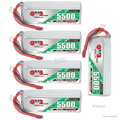 Four GN3 5500mAh LiPo packs shown horizontally plus one upright pack to show profile and label