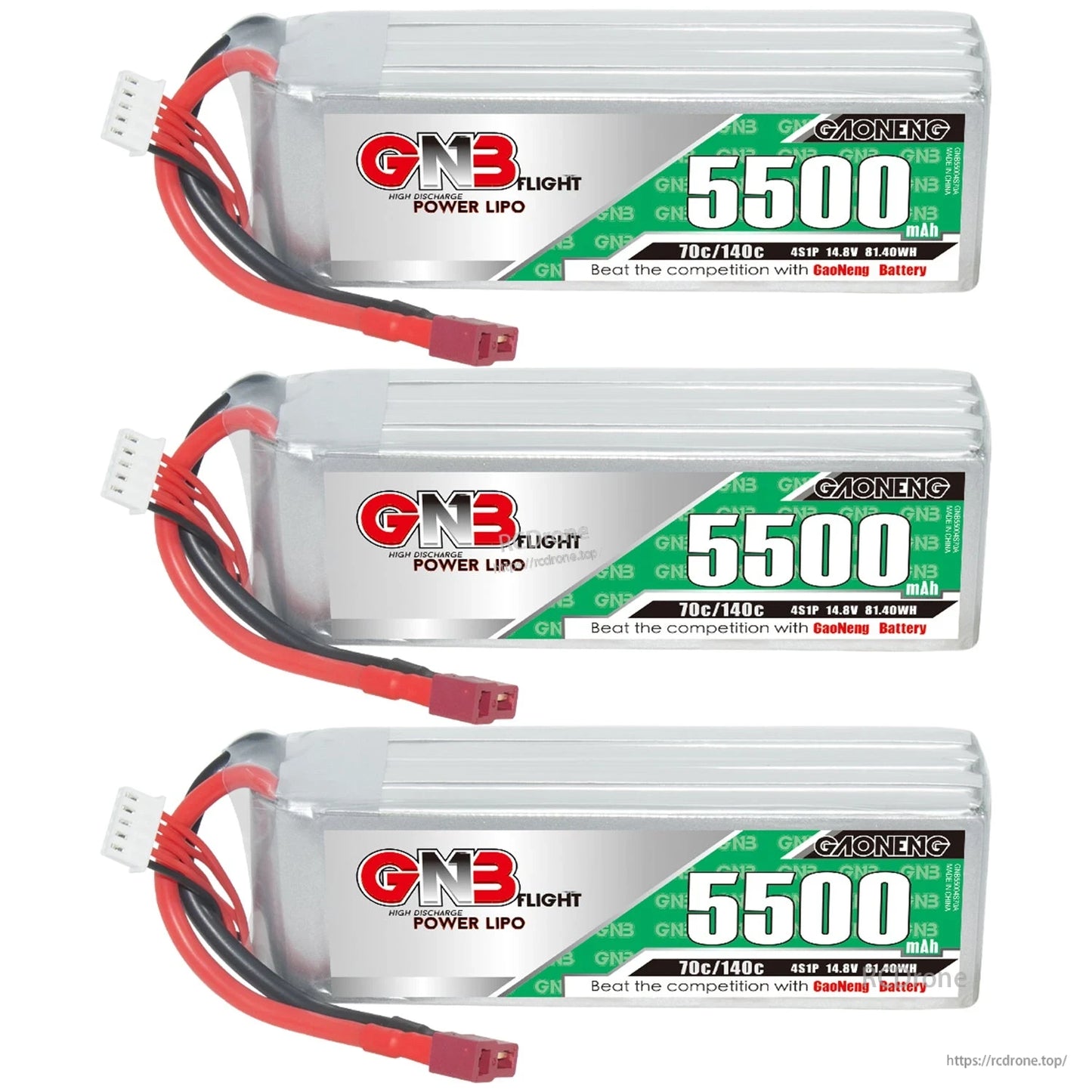 Three GN3 Flight 5500mAh LiPo batteries with T-plug and balance leads, stacked horizontally