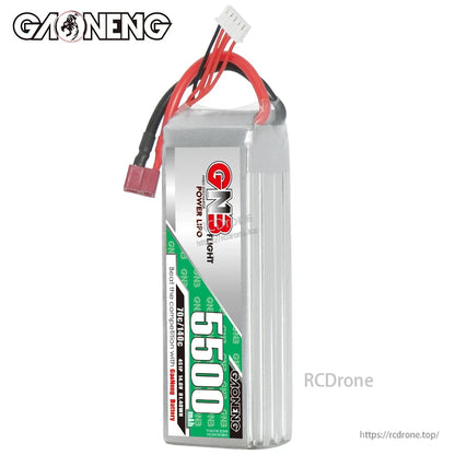 GNB 5500mAh LiPo battery pack standing upright, showing side label and wire leads