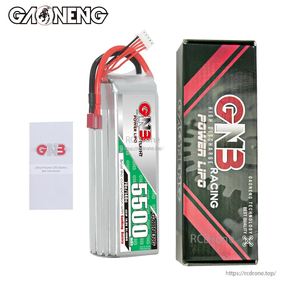 Package contents: GNB 5500mAh LiPo battery, GN3 branded box, and user instructions card