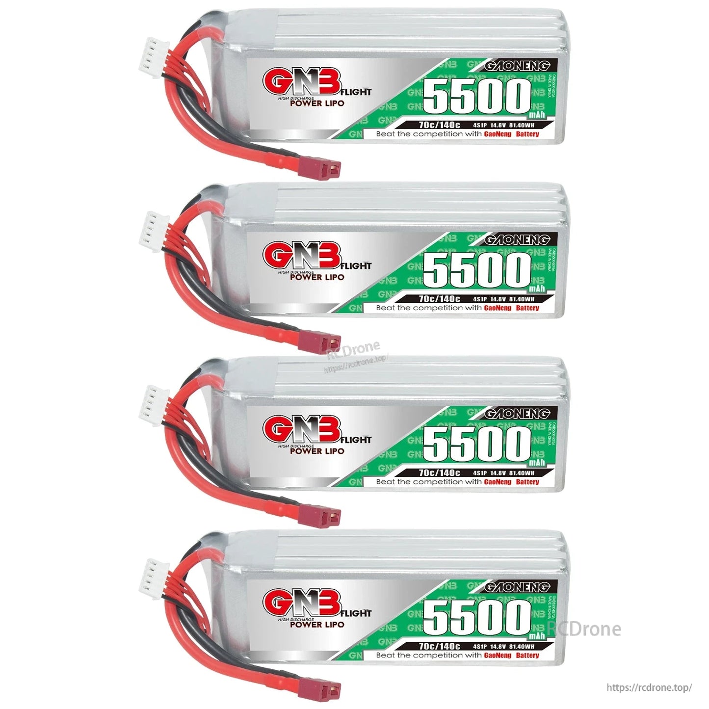 Four GN3 Flight 5500mAh LiPo batteries aligned in a vertical list, each with T-plug lead