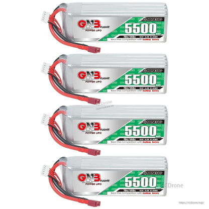 Four GN3 Flight 5500mAh LiPo batteries aligned in a vertical list, each with T-plug lead