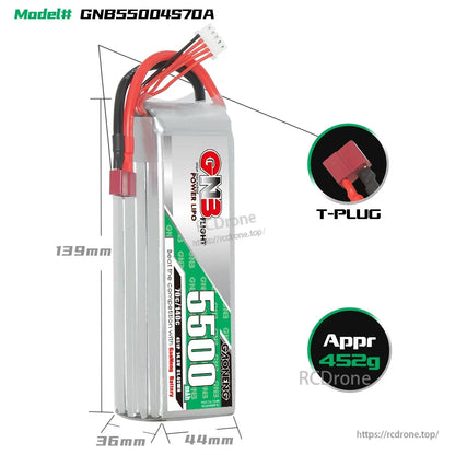 GNB55004S70A battery size diagram with dimensions (139 x 44 x 36mm), T-plug and approx 452g