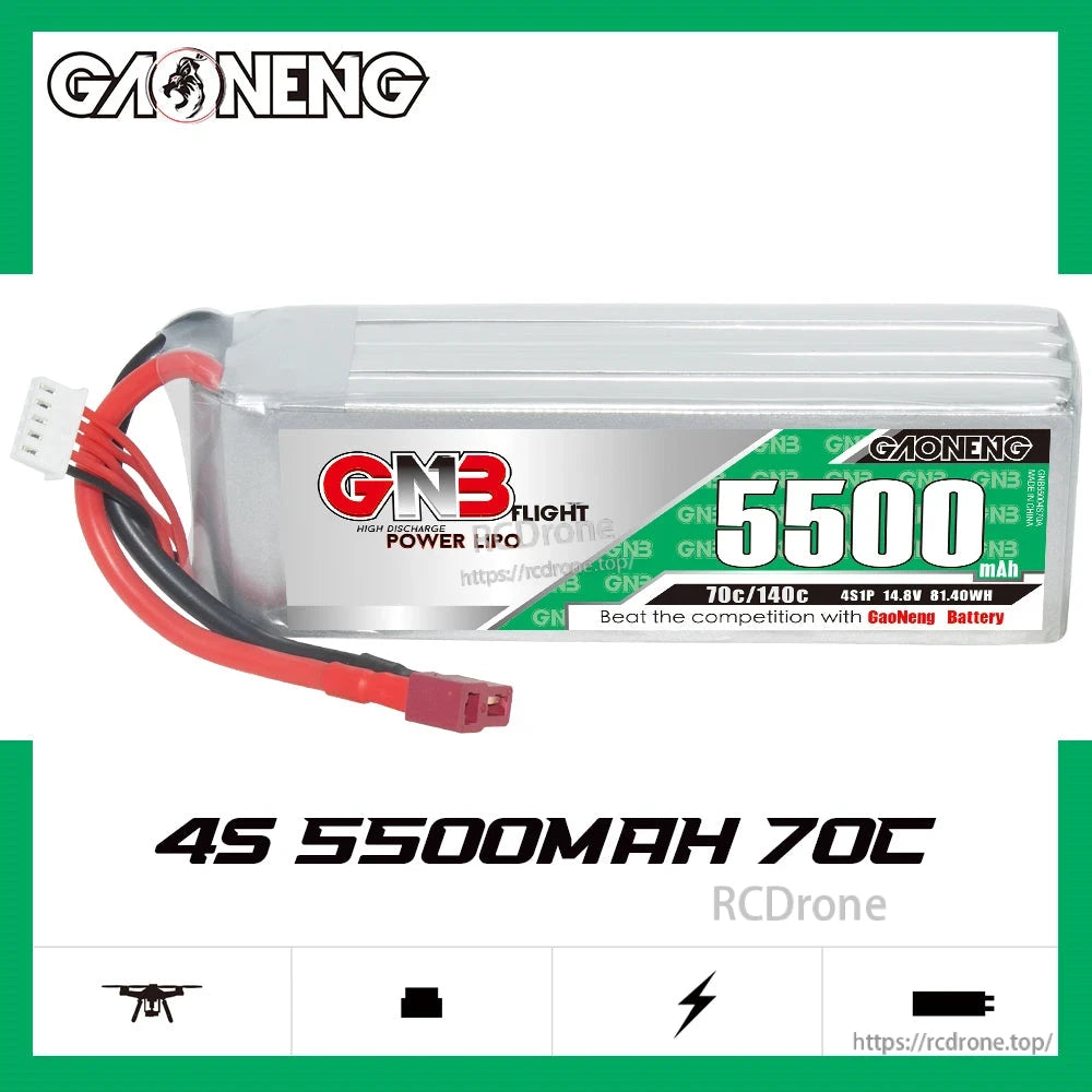 GAONENG GNB 4S 5500mAh 70C LiPo battery banner graphic showing pack and specs text