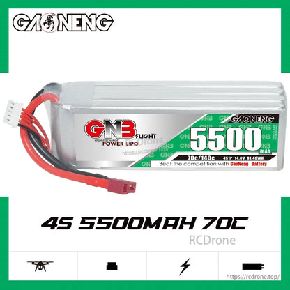 GAONENG GNB 4S 5500mAh 70C LiPo battery banner graphic showing pack and specs text