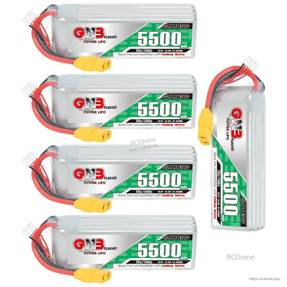 Multiple GNB 5500mAh LiPo batteries shown, including one upright unit and four horizontal