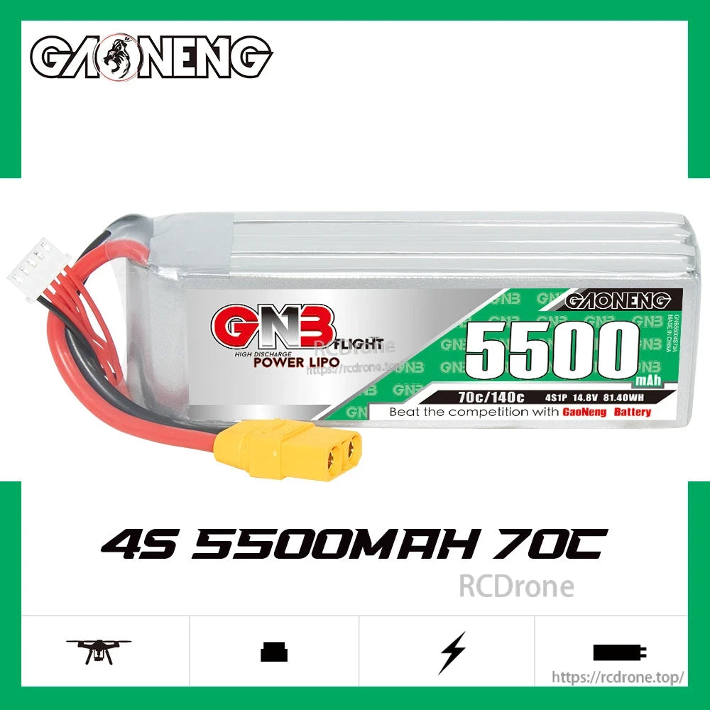 GNB 4S 5500mAh 70C XT90 LiPo battery label showing 70C/140C and 14.8V 81.4Wh specs