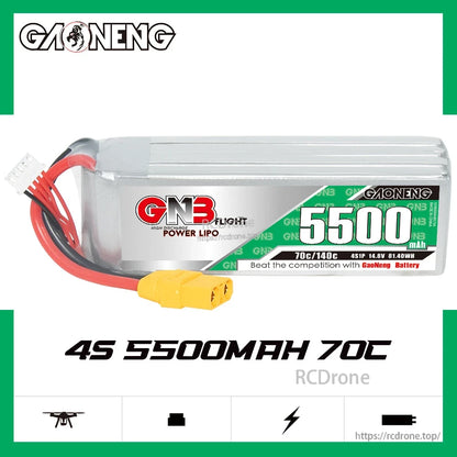 GNB 4S 5500mAh 70C XT90 LiPo battery label showing 70C/140C and 14.8V 81.4Wh specs